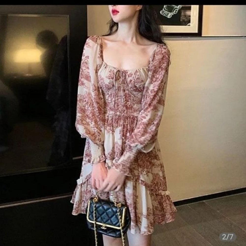 BEIGE FRENCH VINTAGE FLORAL DRESS